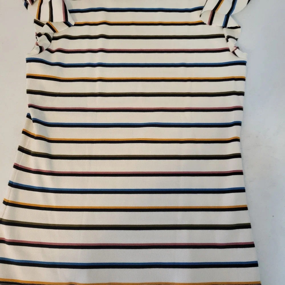 Veronica Beard Jean MultiColor Striped Ruffle Sleeve Ribbed Top Preppy Coastal S - Picture 13 of 15